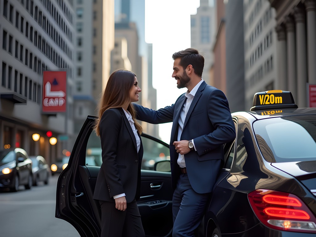 Business professional entering rideshare vehicle in Chicago financial district