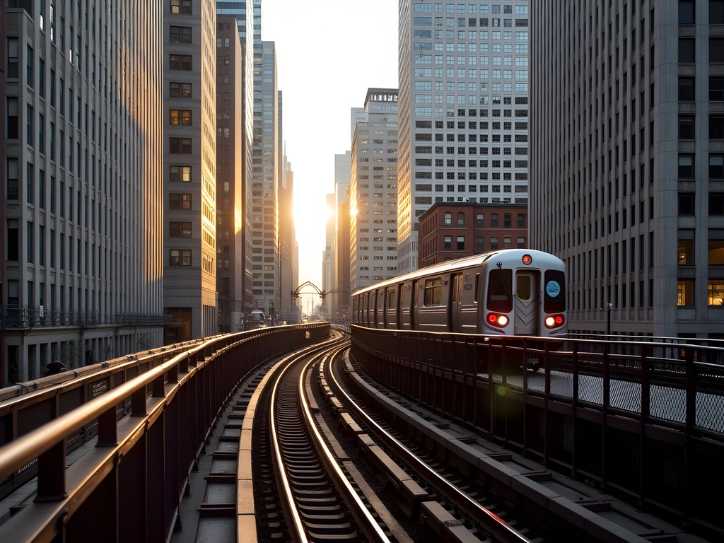 Chicago L train rounding the Loop with skyscrapers in background