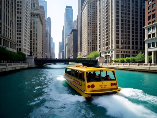 Yellow Chicago water taxi on Chicago River with skyscrapers on both sides