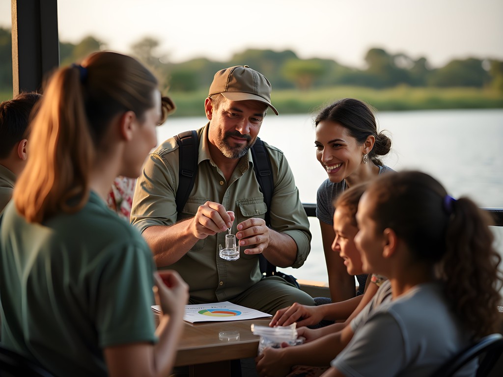 Safari guide teaching children about river conservation on boat deck