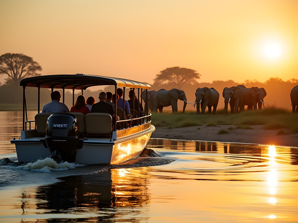 Family watching elephants drinking at Chobe River shoreline from safari boat