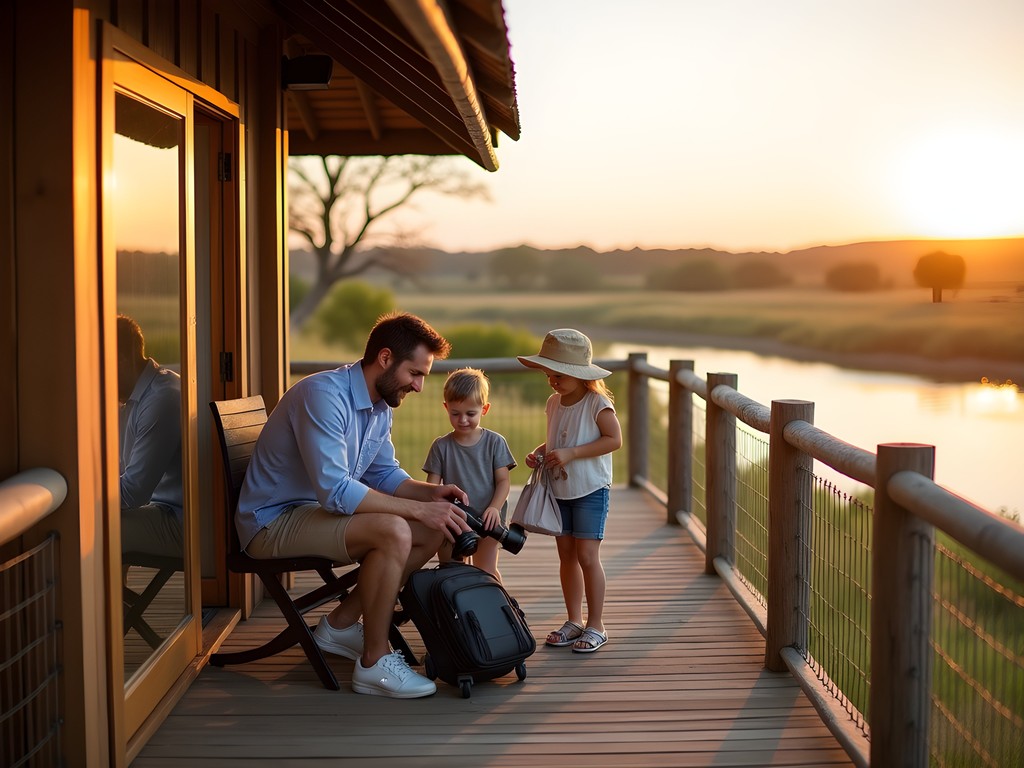 Family preparing safari gear on luxury lodge deck overlooking Chobe River