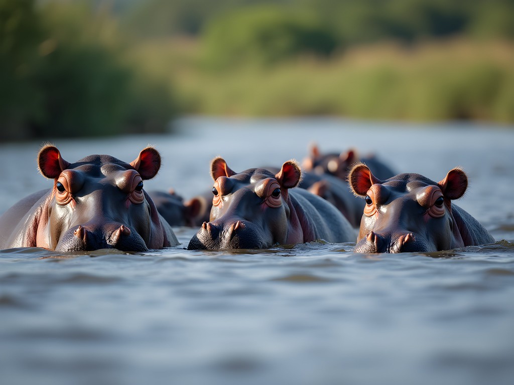 Hippo pod in Chobe River viewed from safari boat