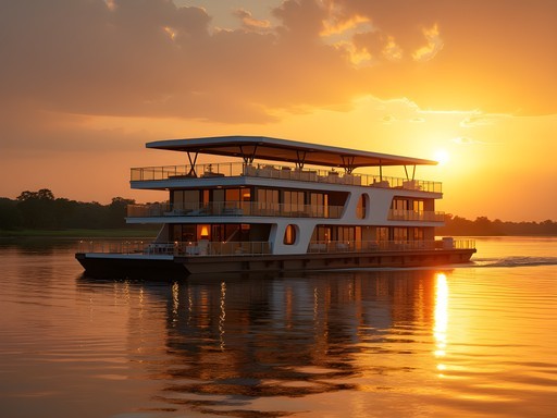 Luxury houseboat on Chobe River at sunset with viewing deck