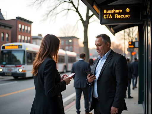 Business traveler using rideshare app at Cicero bus stop