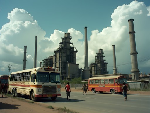 Industrial zone in Ciudad Guayana showing aluminum and steel factories with transportation vehicles