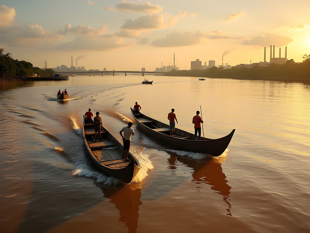 Traditional wooden lancha boat crossing the Orinoco River with Ciudad Guayana's industrial skyline in background