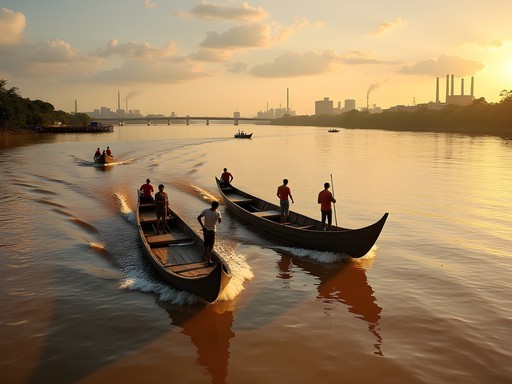Traditional wooden lancha boat crossing the Orinoco River with Ciudad Guayana's industrial skyline in background