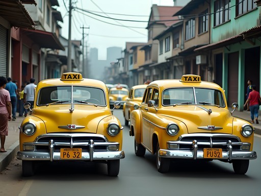 Yellow taxi navigating through a busy street in Ciudad Guayana with industrial buildings in background