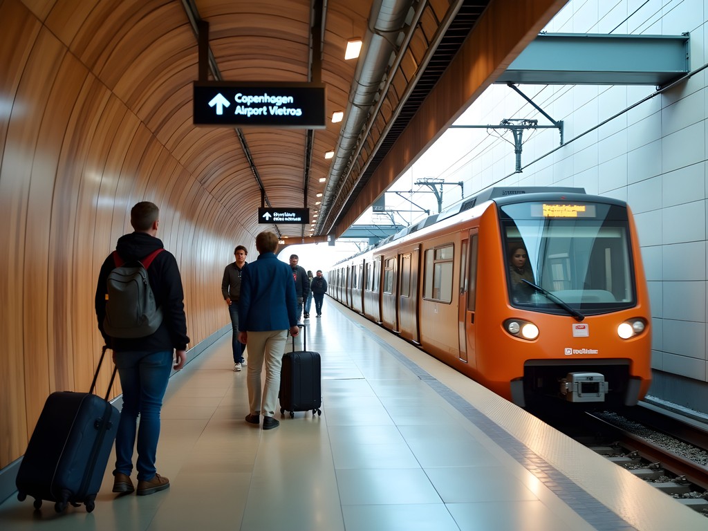 Copenhagen Airport Metro station with arriving train and passengers