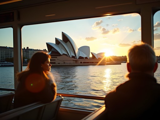 Sunset view from Copenhagen harbor bus showing Opera House and waterfront