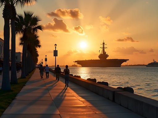Sunset view of Corpus Christi bayfront with USS Lexington in the distance