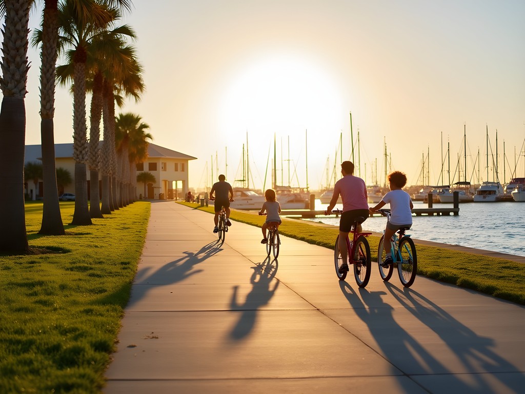 Family cycling along Corpus Christi's scenic bayfront bike path