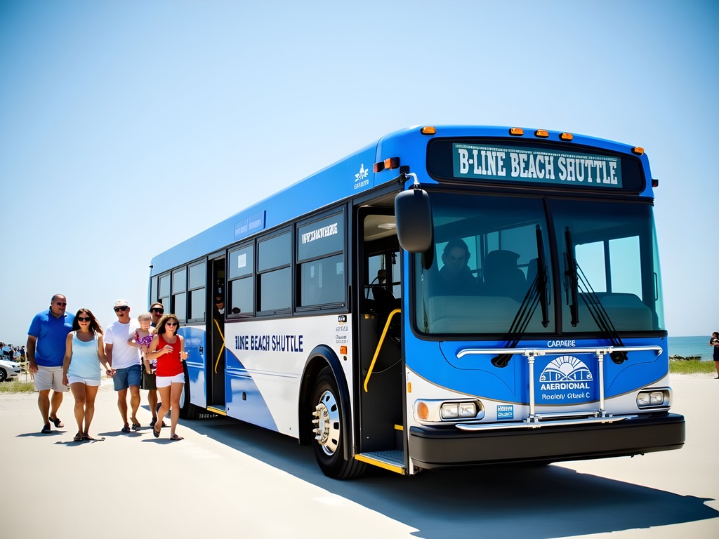 Family boarding the Corpus Christi B-Line beach shuttle with the bay in background