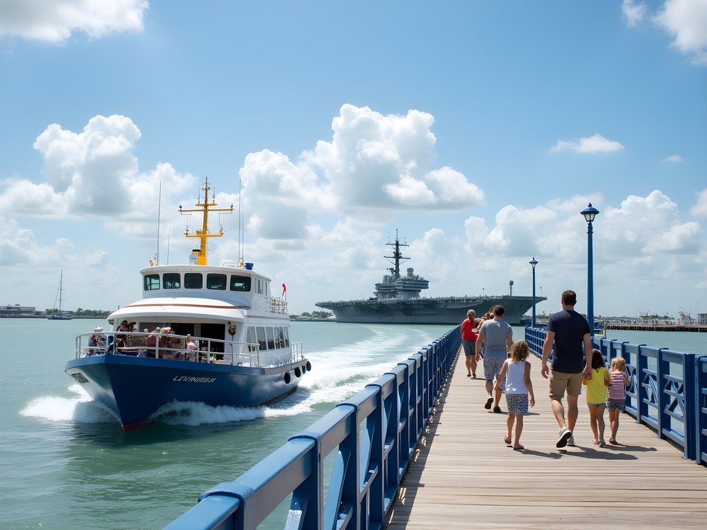 Corpus Christi Harbor Ferry approaching dock with USS Lexington visible in background