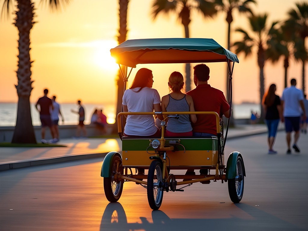 Colorful pedicab transporting family along Corpus Christi seawall at sunset