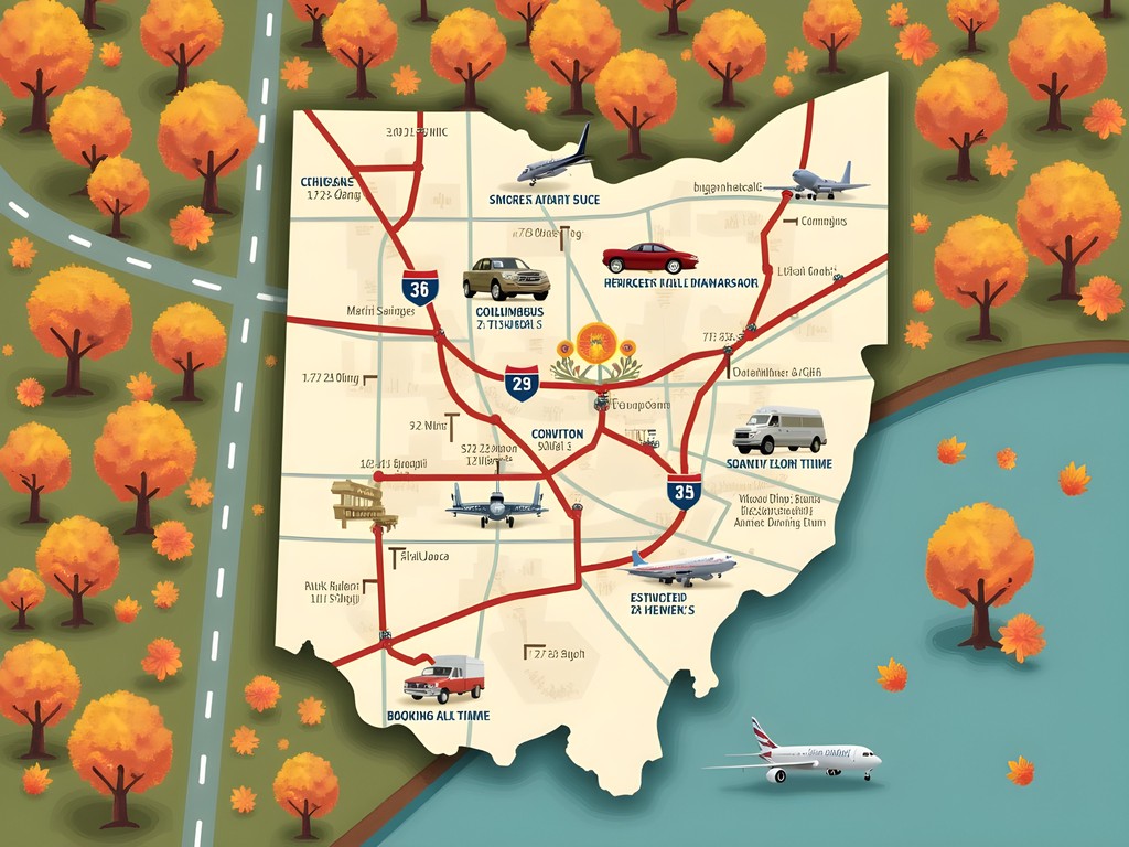 Scenic fall driving routes map to Dayton Ohio highlighting key aviation attractions