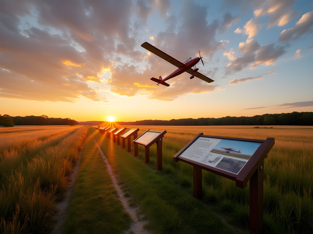 Sunset over Huffman Prairie Flying Field with historic markers visible