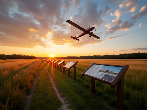 Sunset over Huffman Prairie Flying Field with historic markers visible