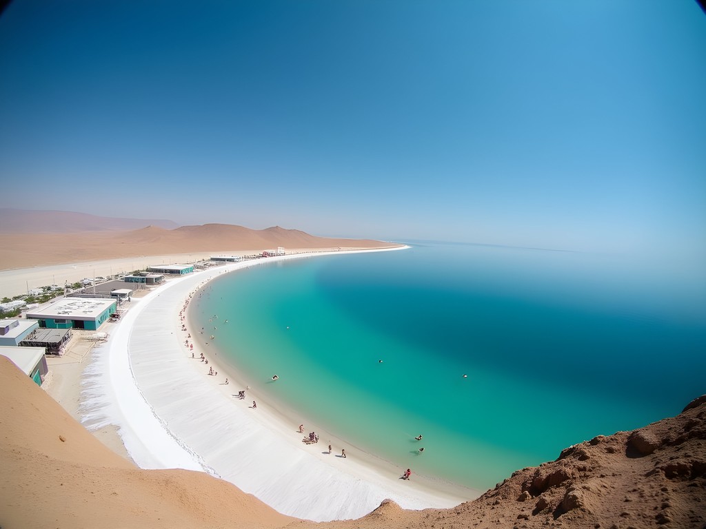 Ein Bokek public beach at the Dead Sea with facilities and swimmers floating