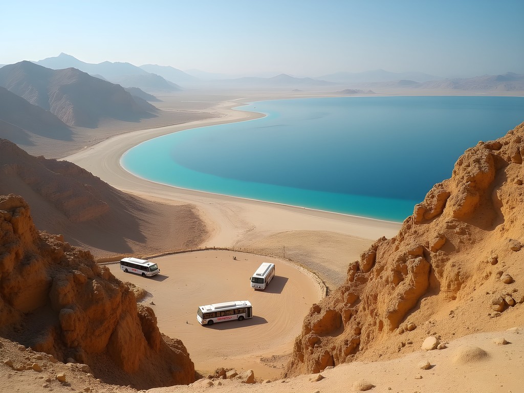 View of the Dead Sea from Masada fortress with shuttle buses in parking lot