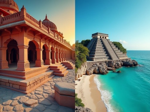 Split image showing Delhi temple architecture contrasted with Mayan ruins in Mexico