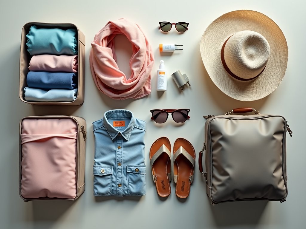 Neatly organized travel essentials for a trip from Delhi to Cancun