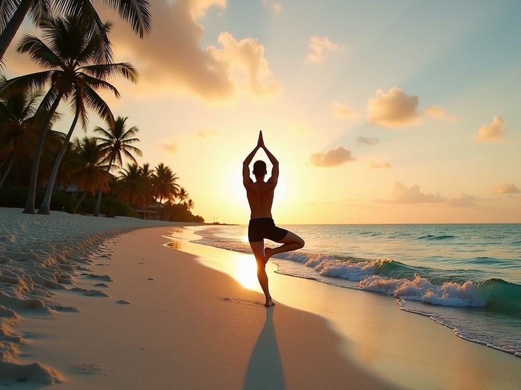 Person practicing morning yoga on Cancun beach for jet lag recovery