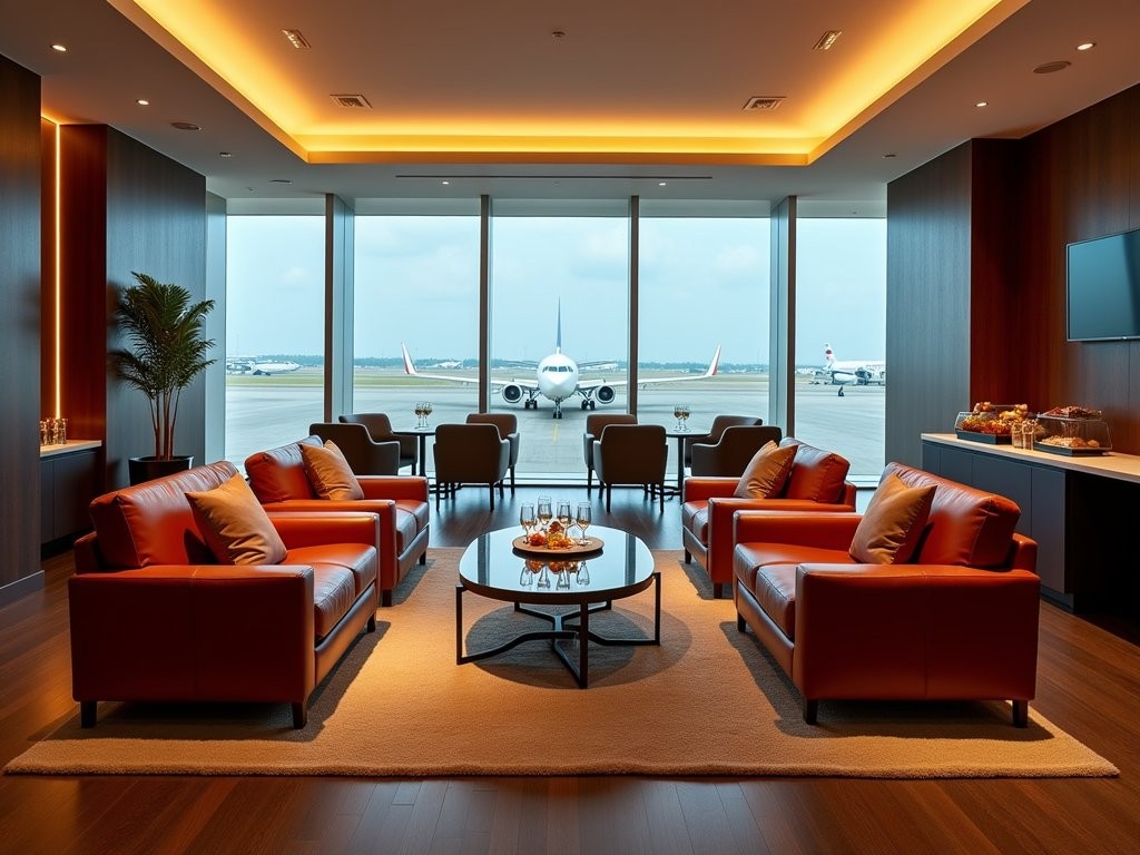 Luxurious airport lounge with comfortable seating and refreshment area