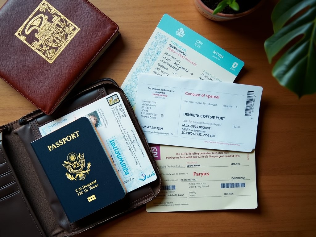 Neatly organized travel documents including passports, visas and boarding passes