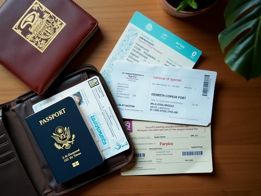 Neatly organized travel documents including passports, visas and boarding passes