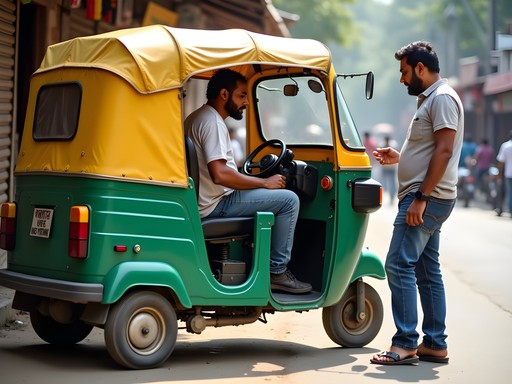 Traveler negotiating with auto-rickshaw driver in Delhi street