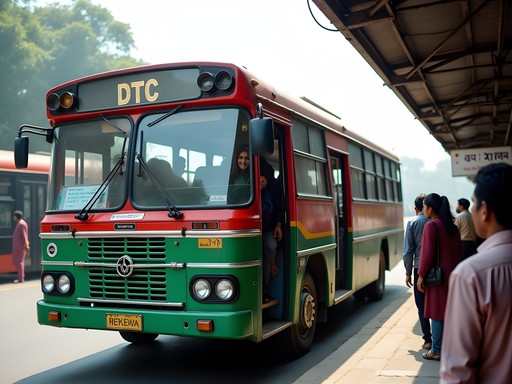 Crowded Delhi public bus with passengers boarding