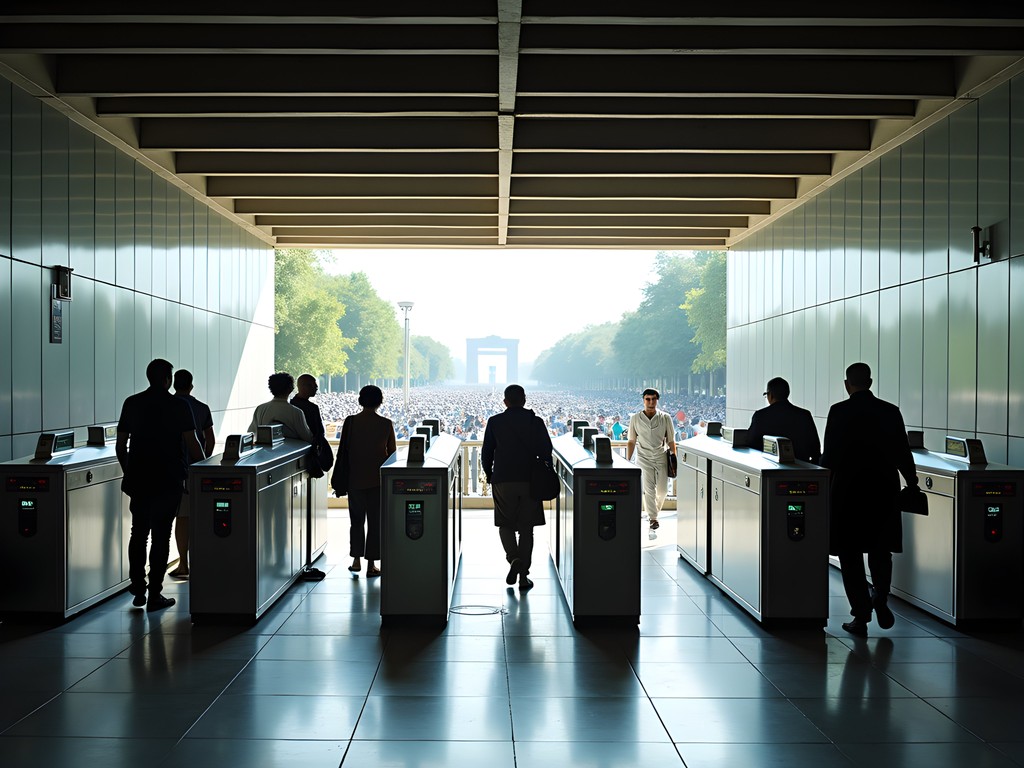 Delhi Metro entrance with modern architecture and commuters