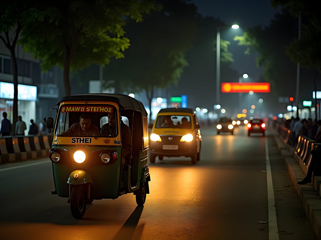 Delhi street at night with illuminated transportation options