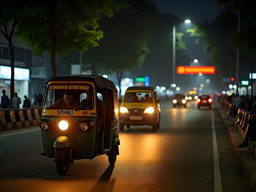 Delhi street at night with illuminated transportation options