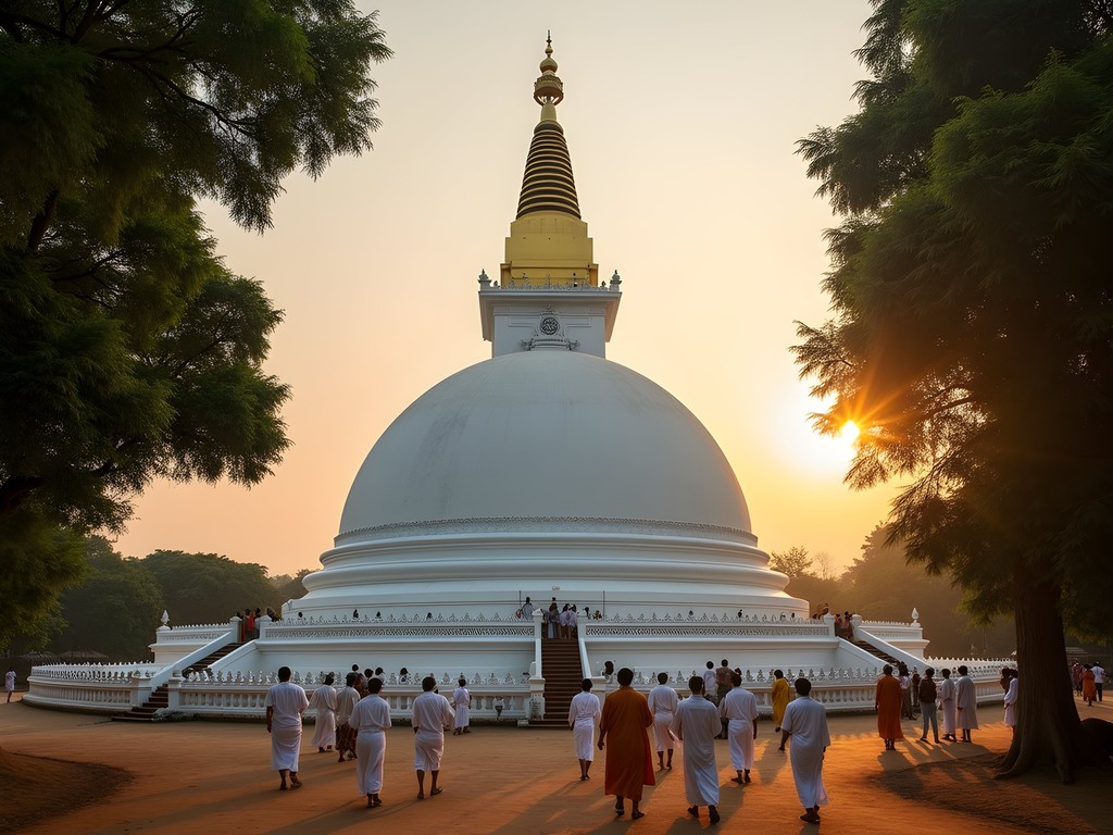 Ruwanwelisaya stupa in Anuradhapura at sunrise with Buddhist pilgrims