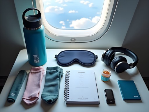 Organized in-flight wellness kit with hydration and sleep aids