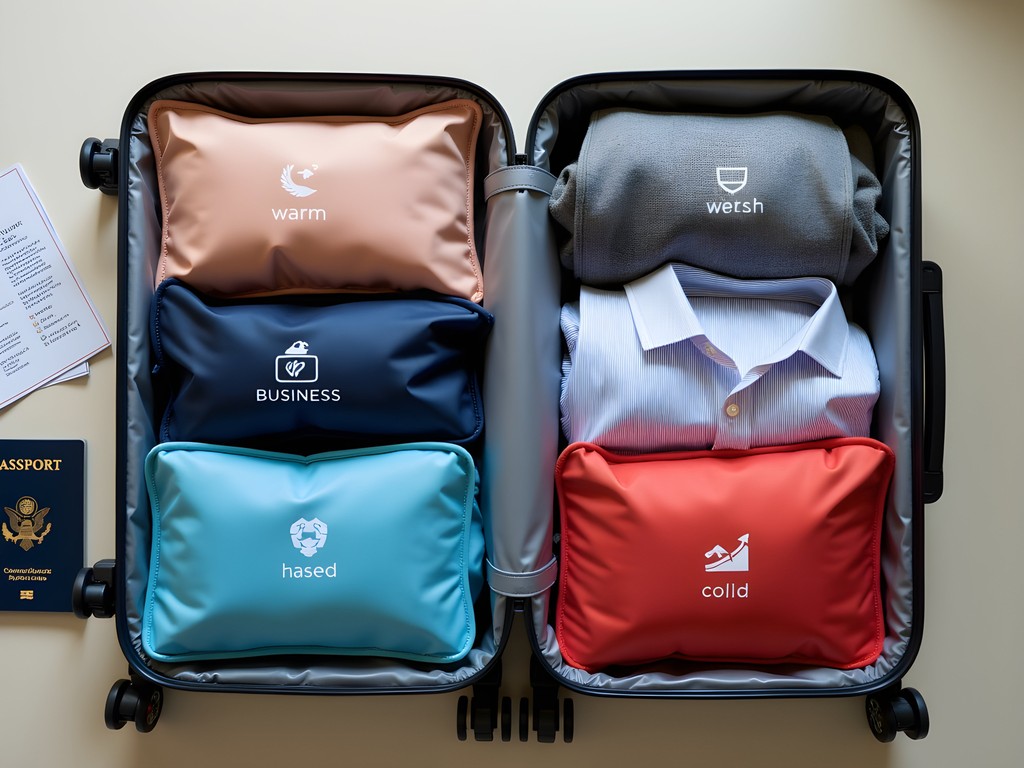 Organized packing system with labeled compression cubes for Delhi to Toronto journey