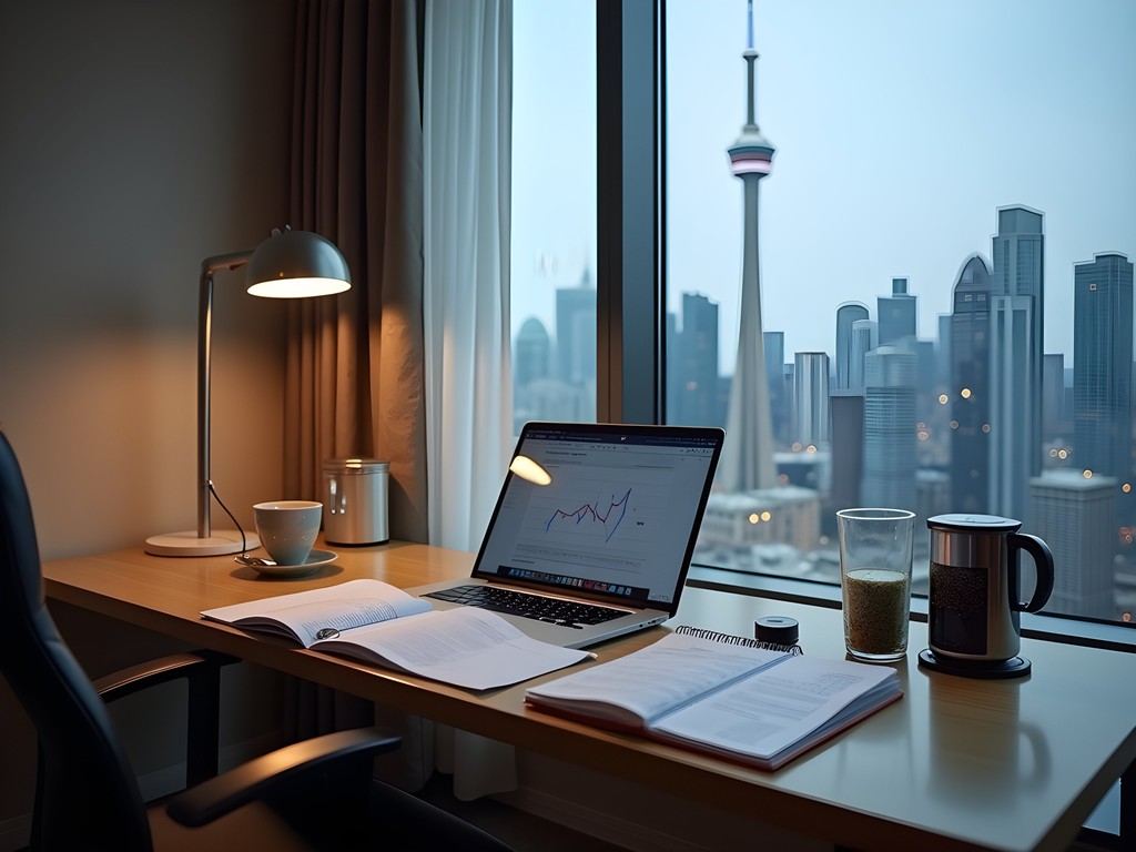 Optimized hotel workspace setup in Toronto with productivity tools and recovery elements