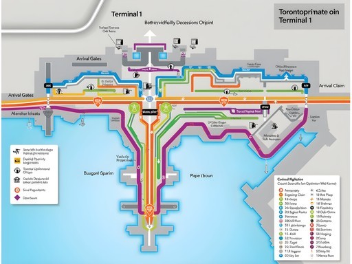 Annotated navigation map of Toronto Pearson International Airport with optimal routes highlighted