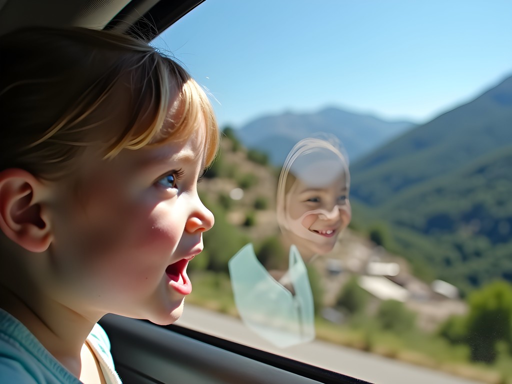 Child's excited reaction to first glimpse of Delphi valley from car window