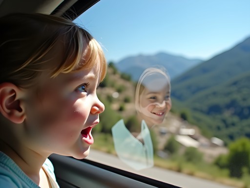 Child's excited reaction to first glimpse of Delphi valley from car window