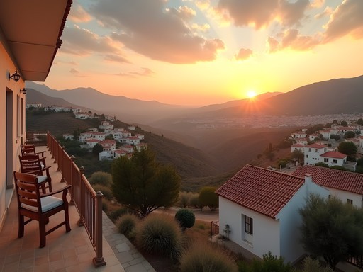 Sunset view of Delphi village and the Gulf of Corinth from a hotel balcony