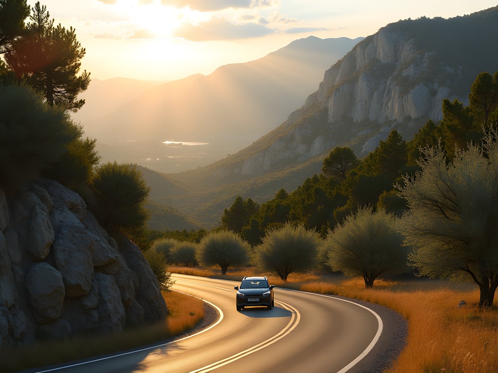 Scenic mountain road winding through olive groves toward Delphi