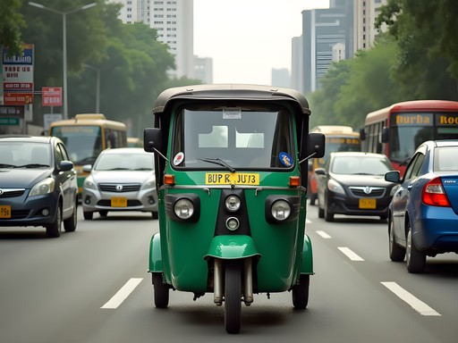 Green CNG auto-rickshaw navigating through busy Dhaka street traffic