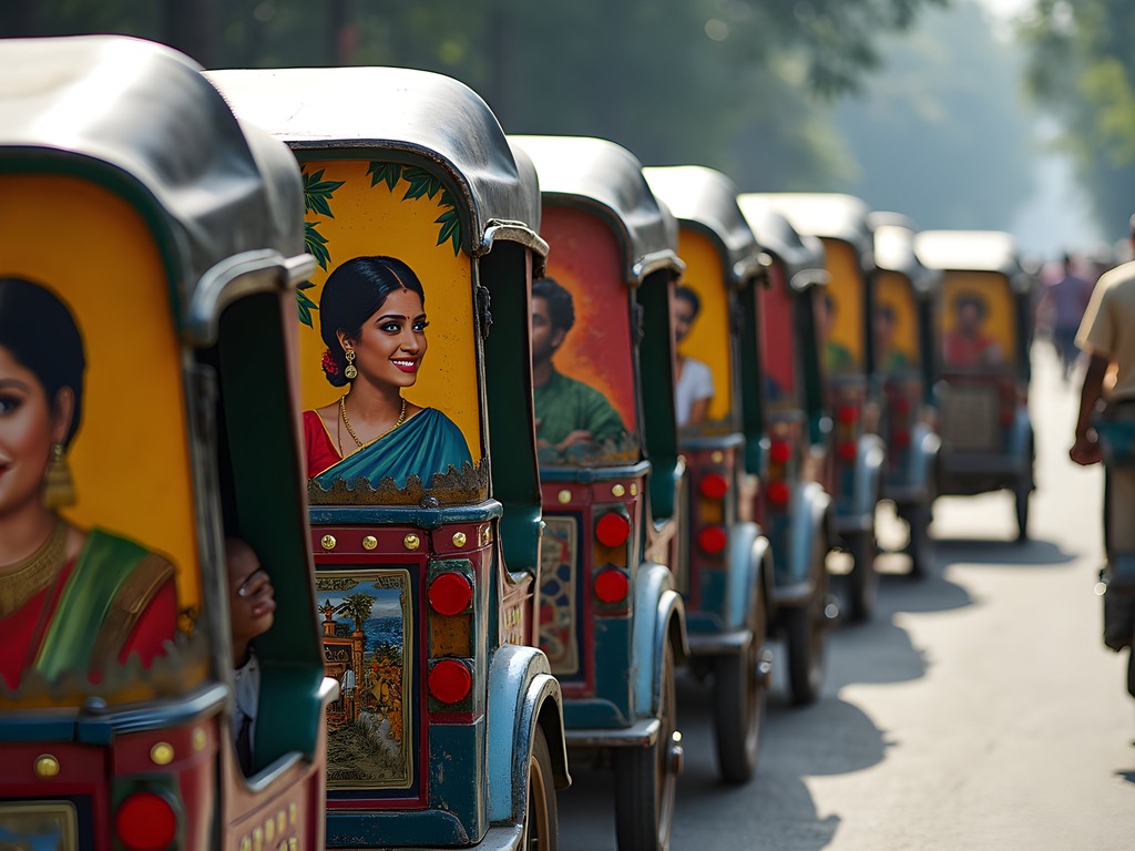 Vibrant hand-painted cycle rickshaws lined up on a busy Dhaka street