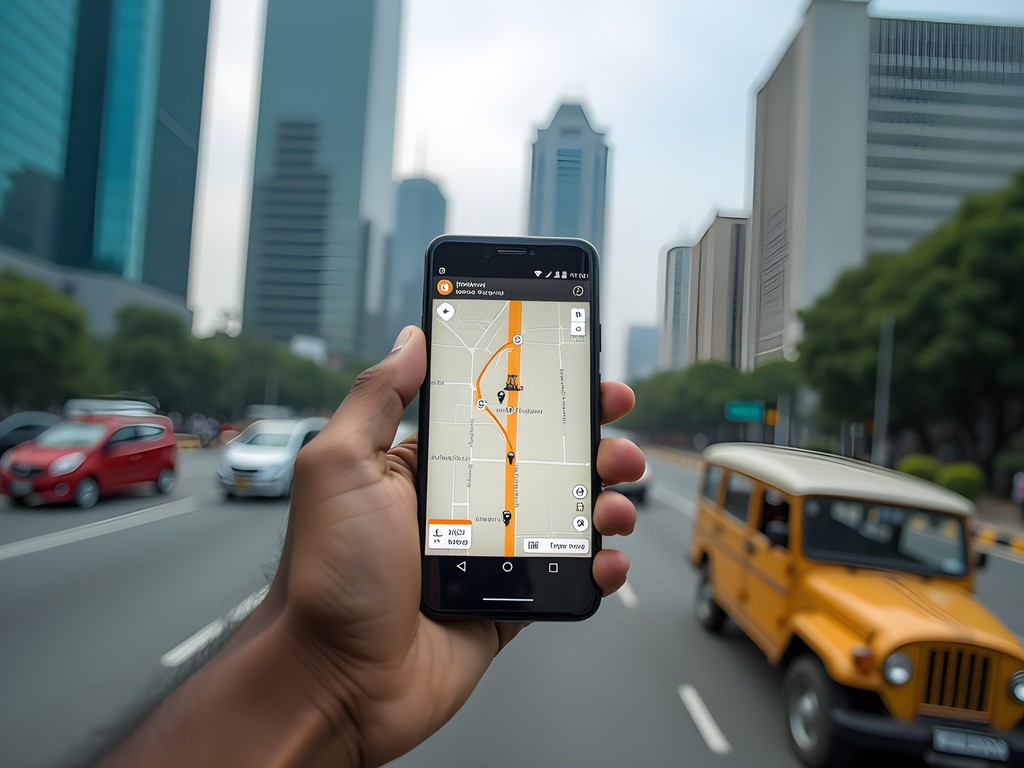 Business traveler using rideshare app on smartphone with Dhaka's financial district in background