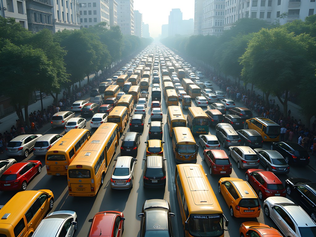 Aerial view of massive traffic jam in downtown Dhaka during rush hour