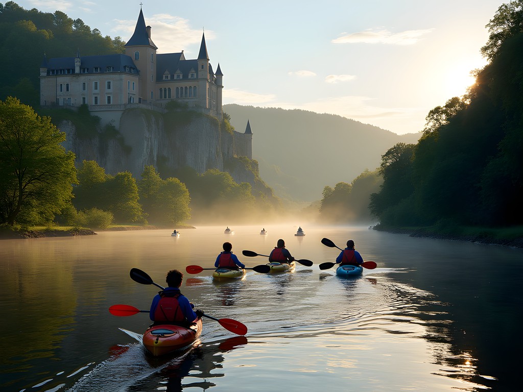 Kayaking on the Meuse River in Dinant with view of the citadel and church